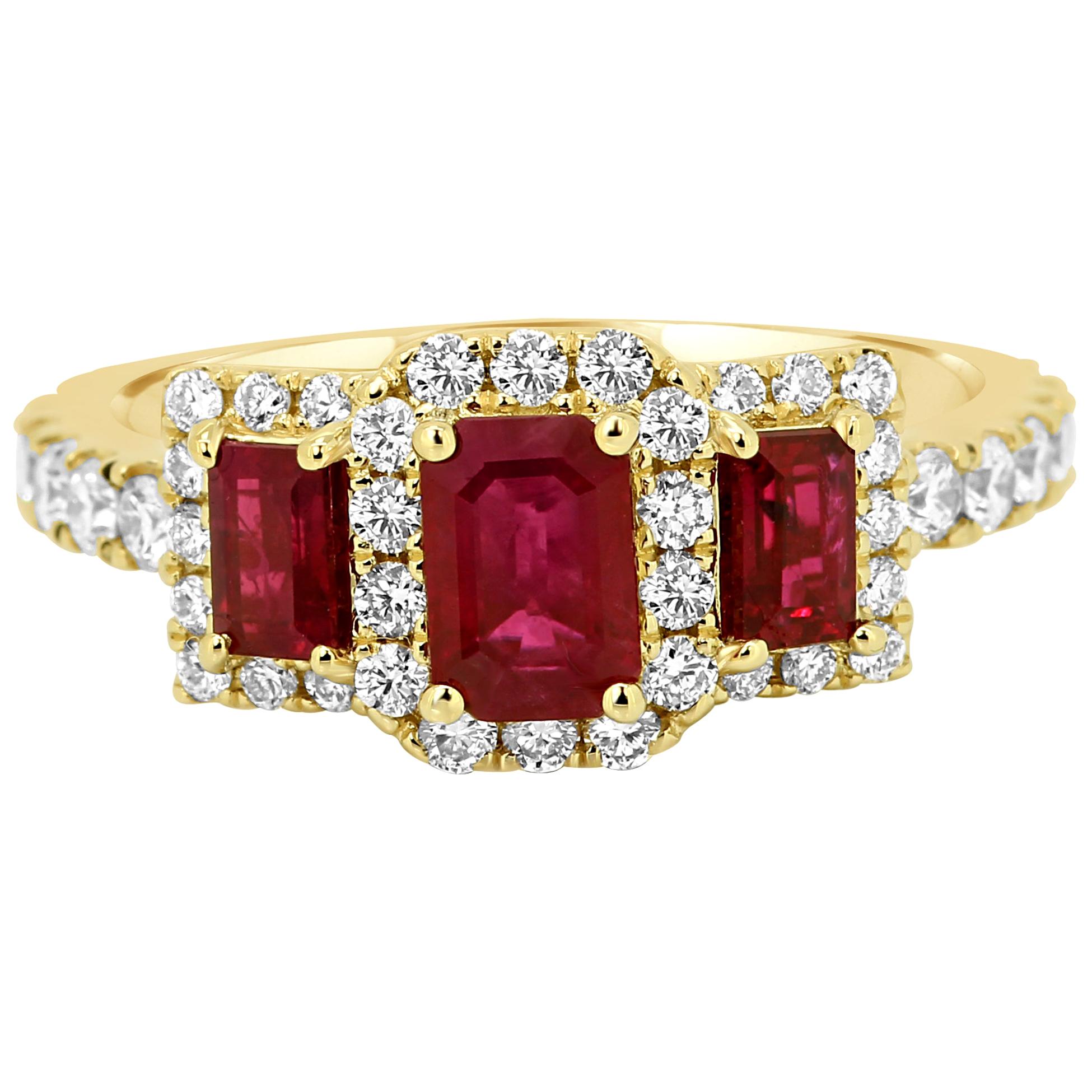 Ruby Emerald Cut Diamond Halo Three-Stone Bridal Fashion Cocktail Gold Ring