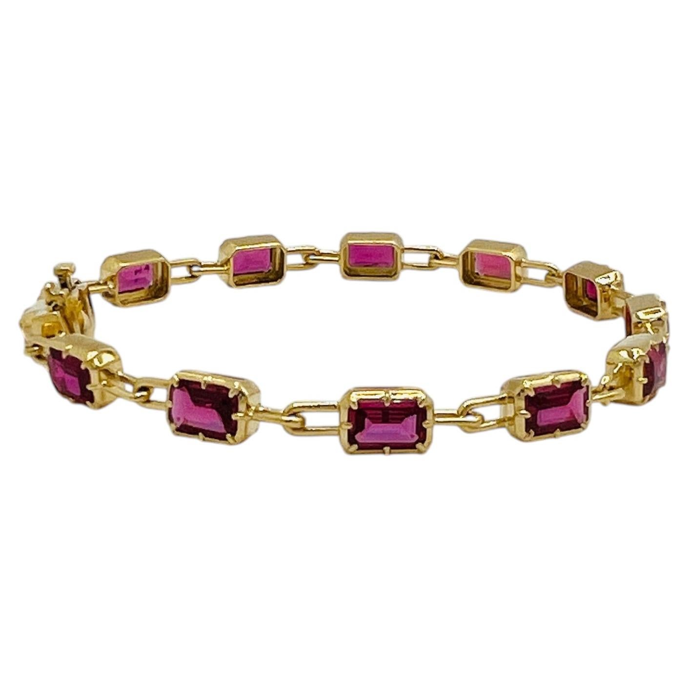 Ruby Emerald Cut Link Bracelet in 18K Yellow Gold For Sale