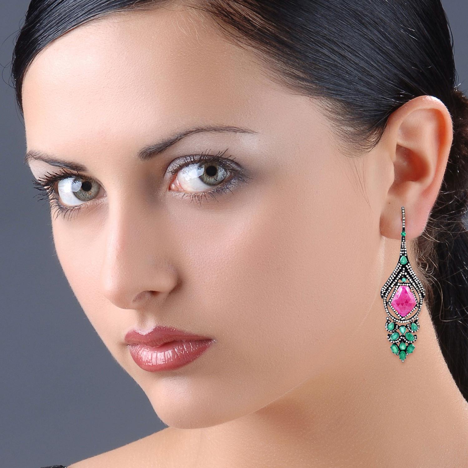 Modern Ruby Emerald Designer Dangle Earring in Gold and Silver