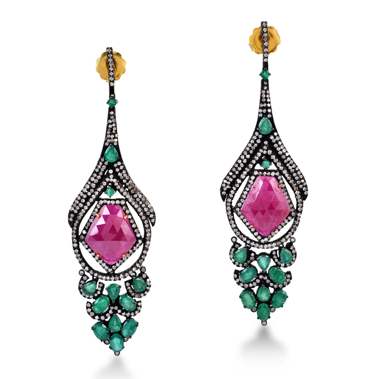 Mixed Cut Ruby Emerald Designer Dangle Earring in Gold and Silver