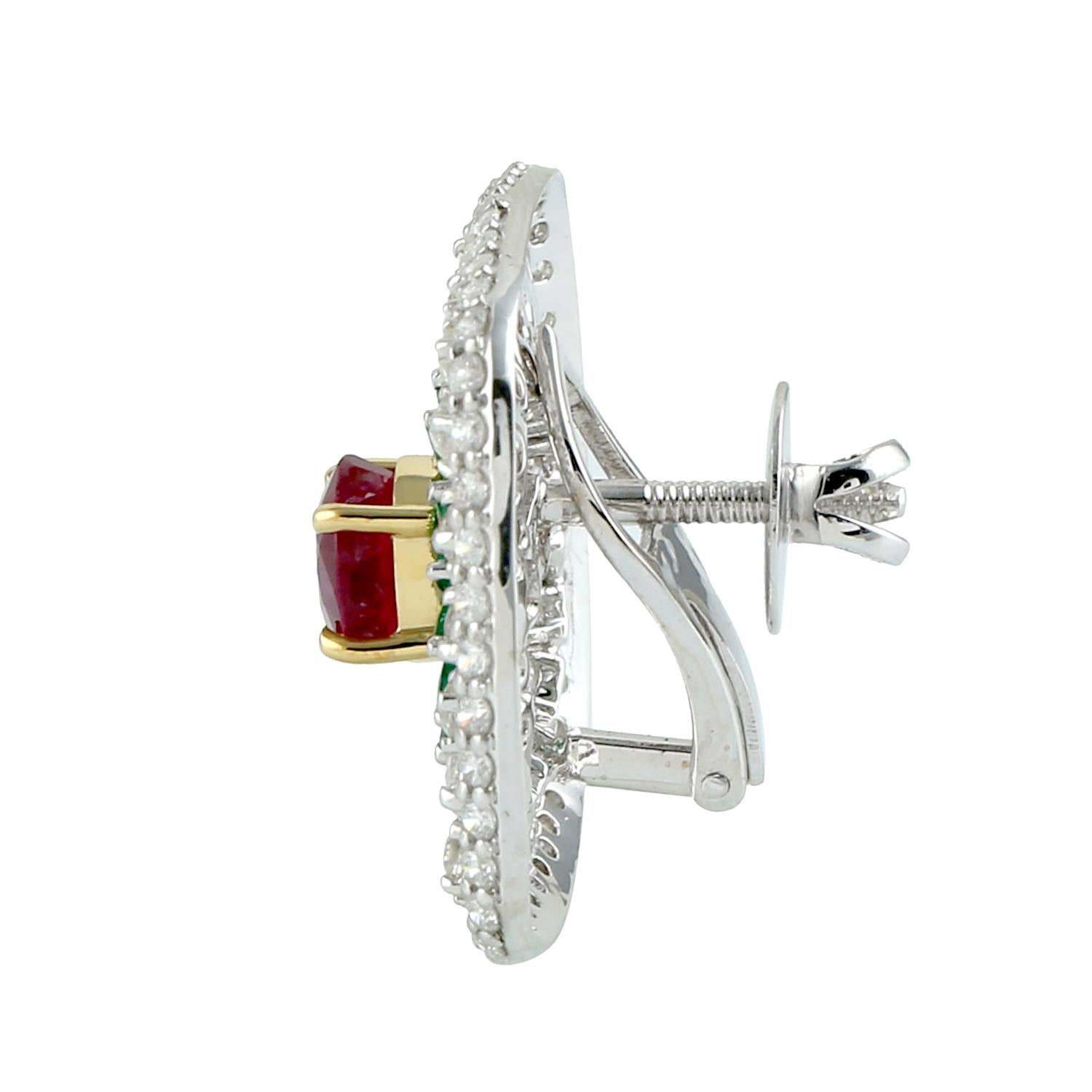 Artisan Ruby Emerald Diamond 18 Karat Gold Stud Earrings For Sale