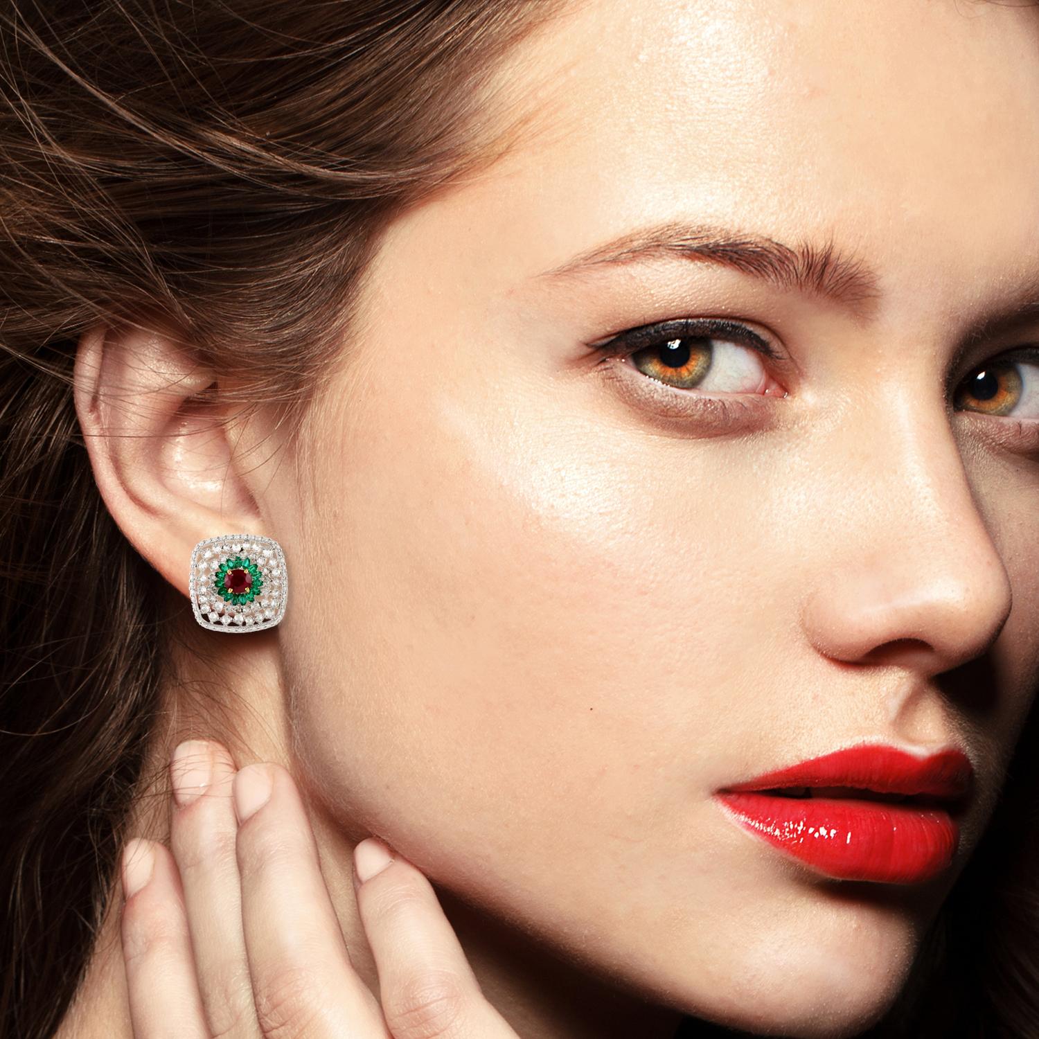 Mixed Cut Ruby Emerald Diamond 18 Karat Gold Stud Earrings For Sale