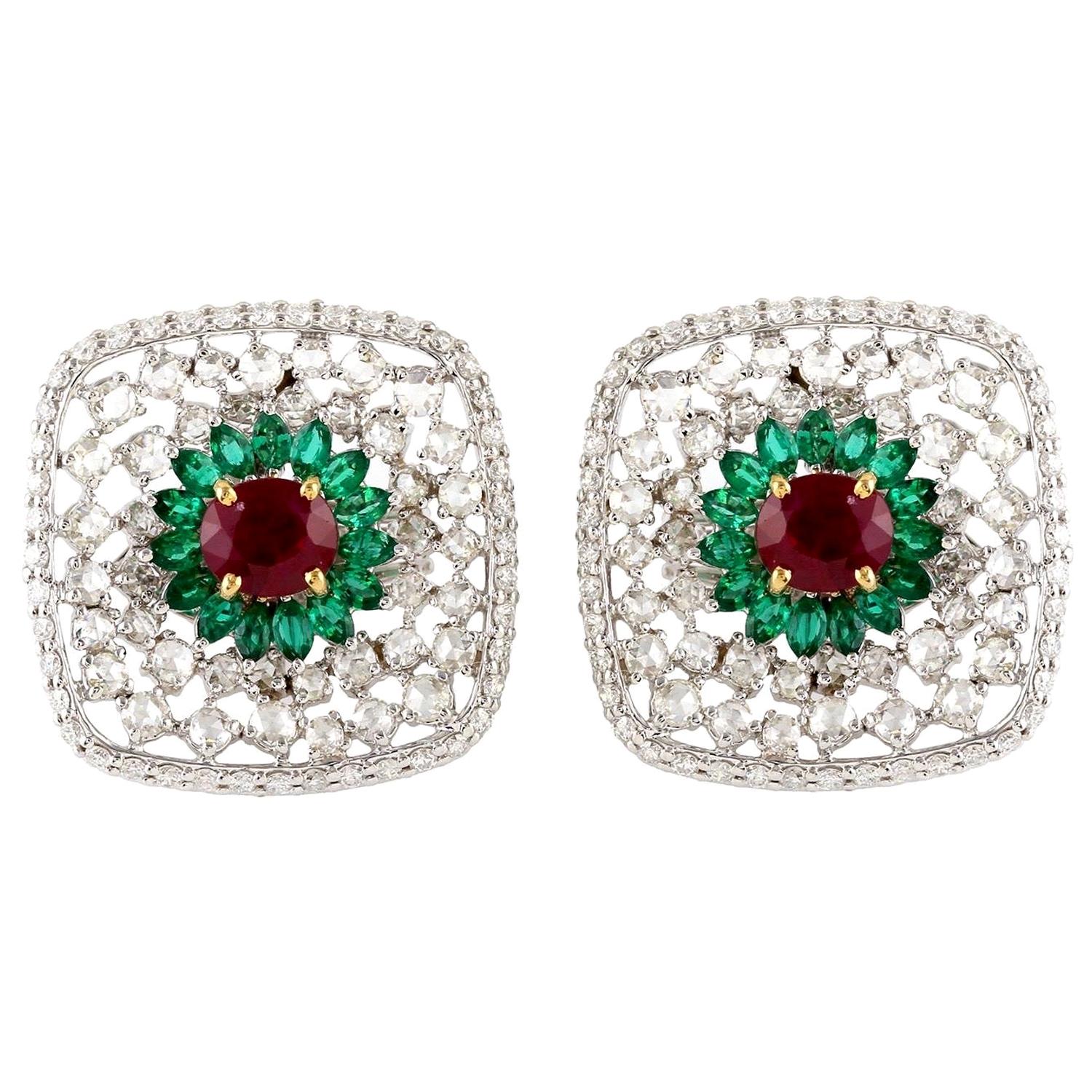 Ruby Emerald Diamond 18 Karat Gold Stud Earrings For Sale