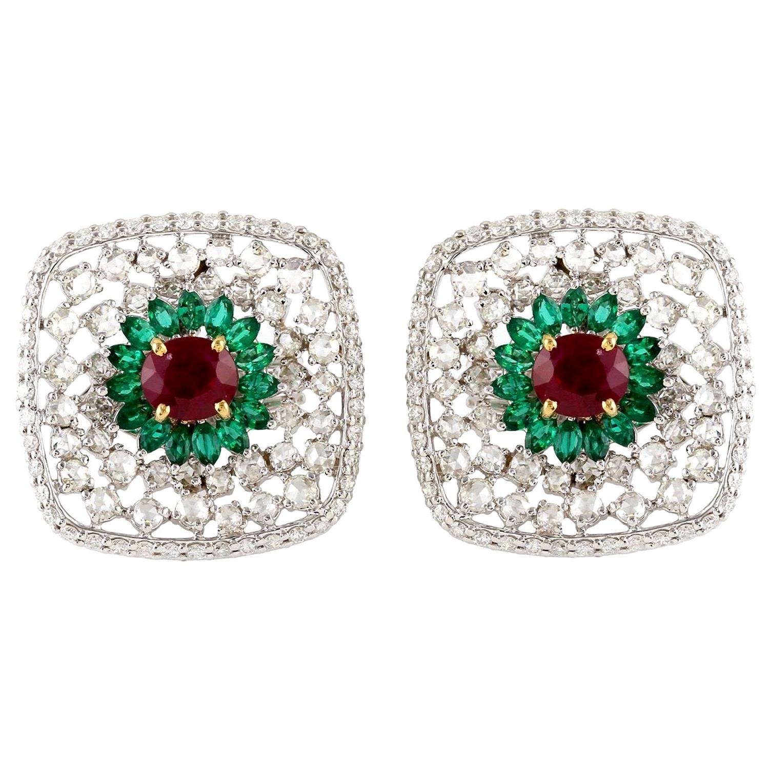 Ruby Emerald Diamond 18 Karat Gold Stud Earrings