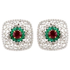 Pendientes de oro de 18 quilates con rubí, esmeralda y diamante