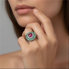 Ruby Emerald Diamond 18K Yellow Gold Signet Ring
