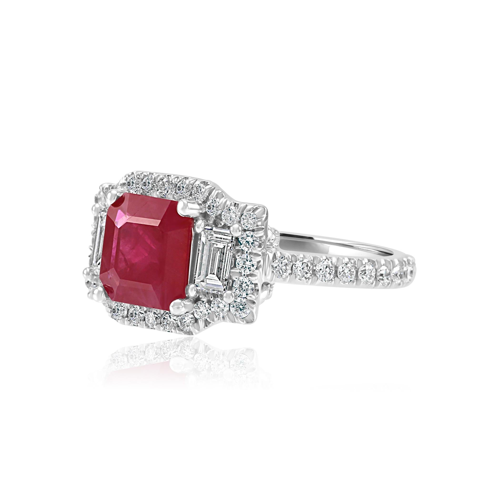 1 Ruby Square Emerald Cut 2.17 Carat encircled in Halo of White Colorless VS-SI Clarity Round Diamond 0.70 Carat Flanked by 2 Colorless VS clarity Baguettes Diamonds 0.30 Carat in 18K White Gold Three Stone  Bridal Fashion Cocktail  ring . 

MADE IN