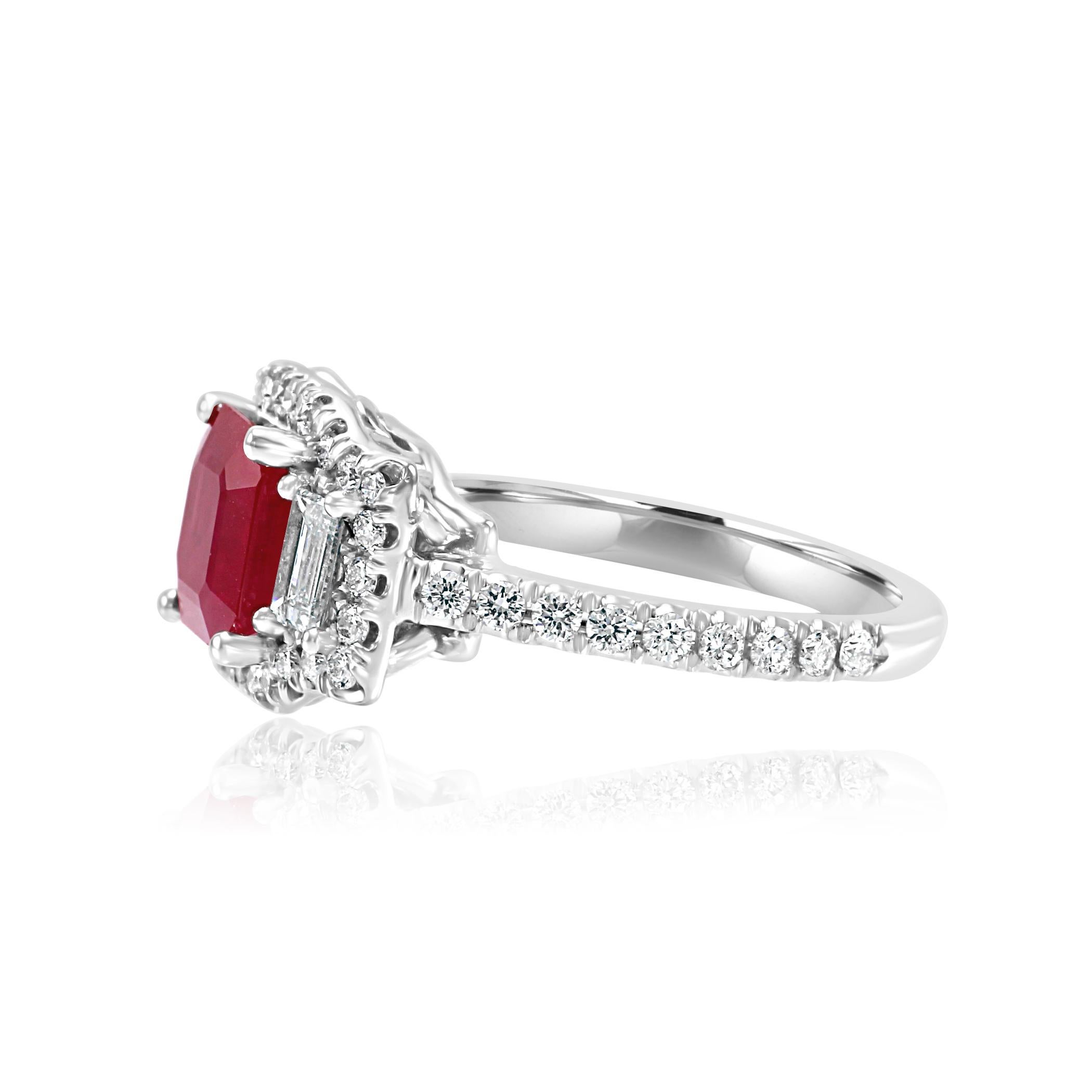 Contemporary Ruby Emerald Diamond Halo White Gold Three-Stone Bridal Fashion Cocktail Ring