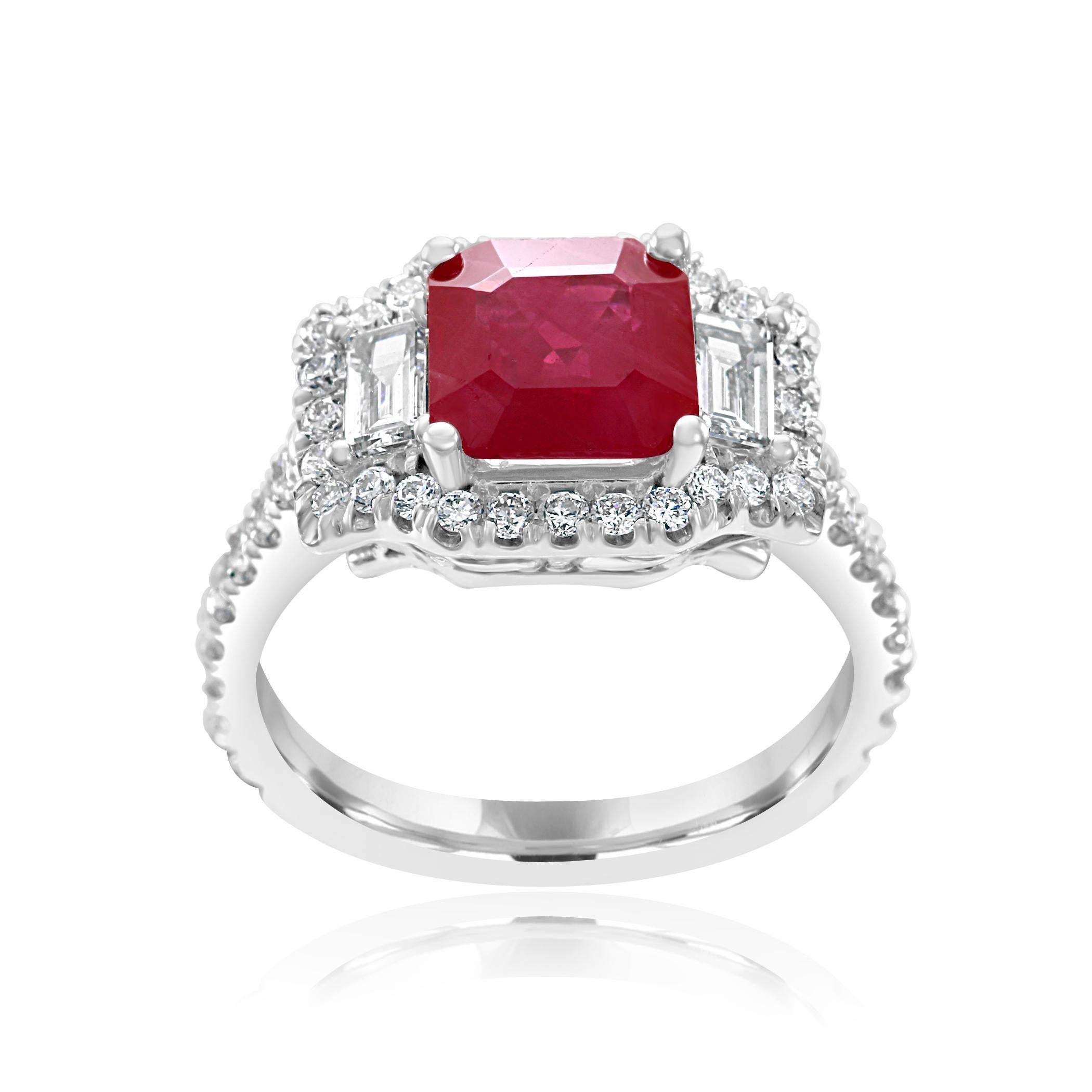 Emerald Cut Ruby Emerald Diamond Halo White Gold Three-Stone Bridal Fashion Cocktail Ring