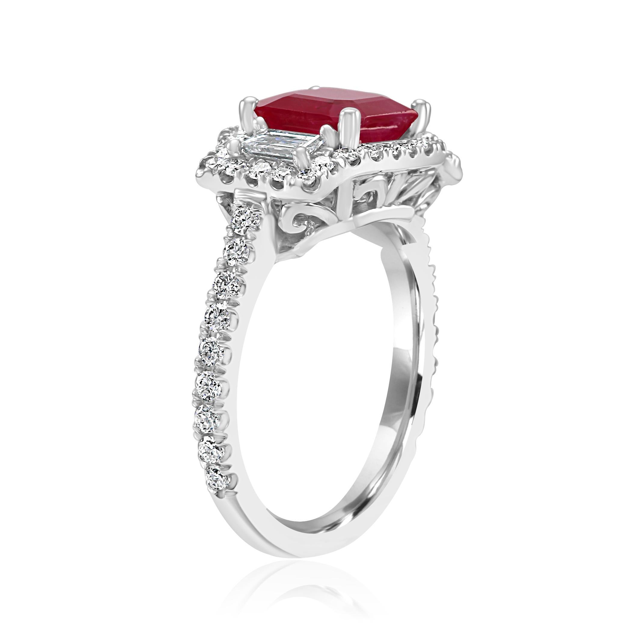 Ruby Emerald Diamond Halo White Gold Three-Stone Bridal Fashion Cocktail Ring In New Condition In NEW YORK, NY