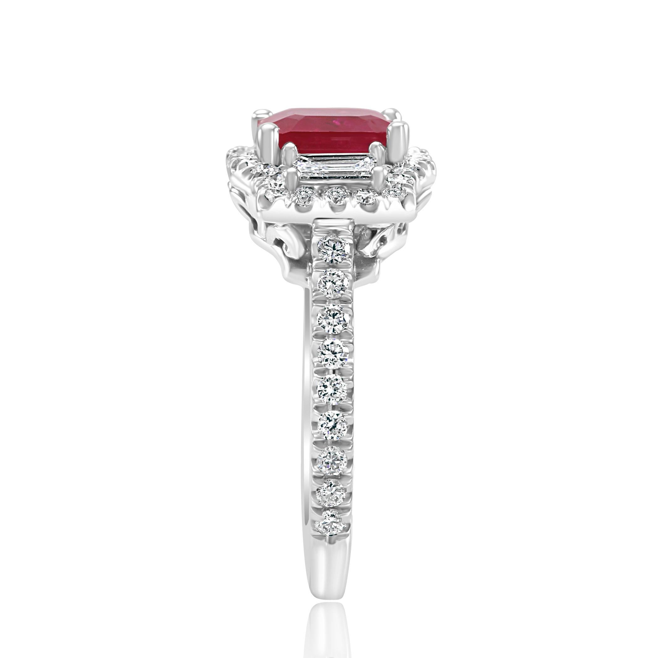 Women's or Men's Ruby Emerald Diamond Halo White Gold Three-Stone Bridal Fashion Cocktail Ring