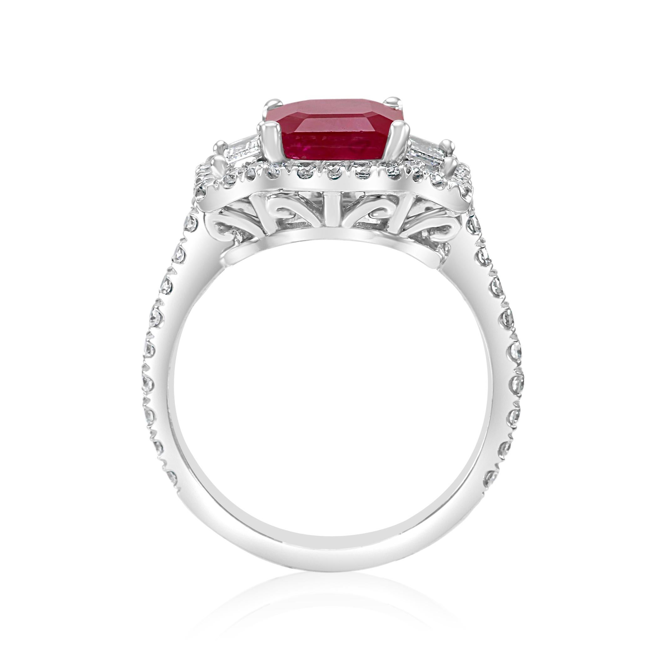 Ruby Emerald Diamond Halo White Gold Three-Stone Bridal Fashion Cocktail Ring 1