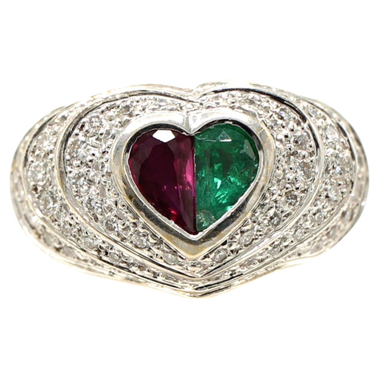 Rubin-Smaragd-Diamant-Ring in Herzform