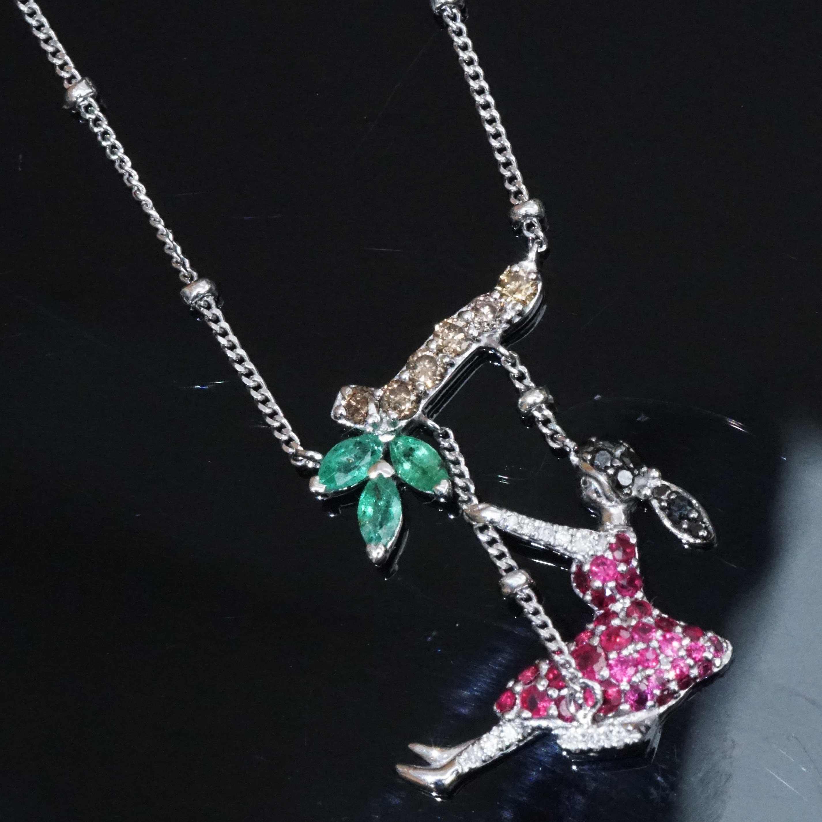 Modern Ruby Emerald Diamond Necklace cute Motif of a rocking Girl sculptural Design For Sale