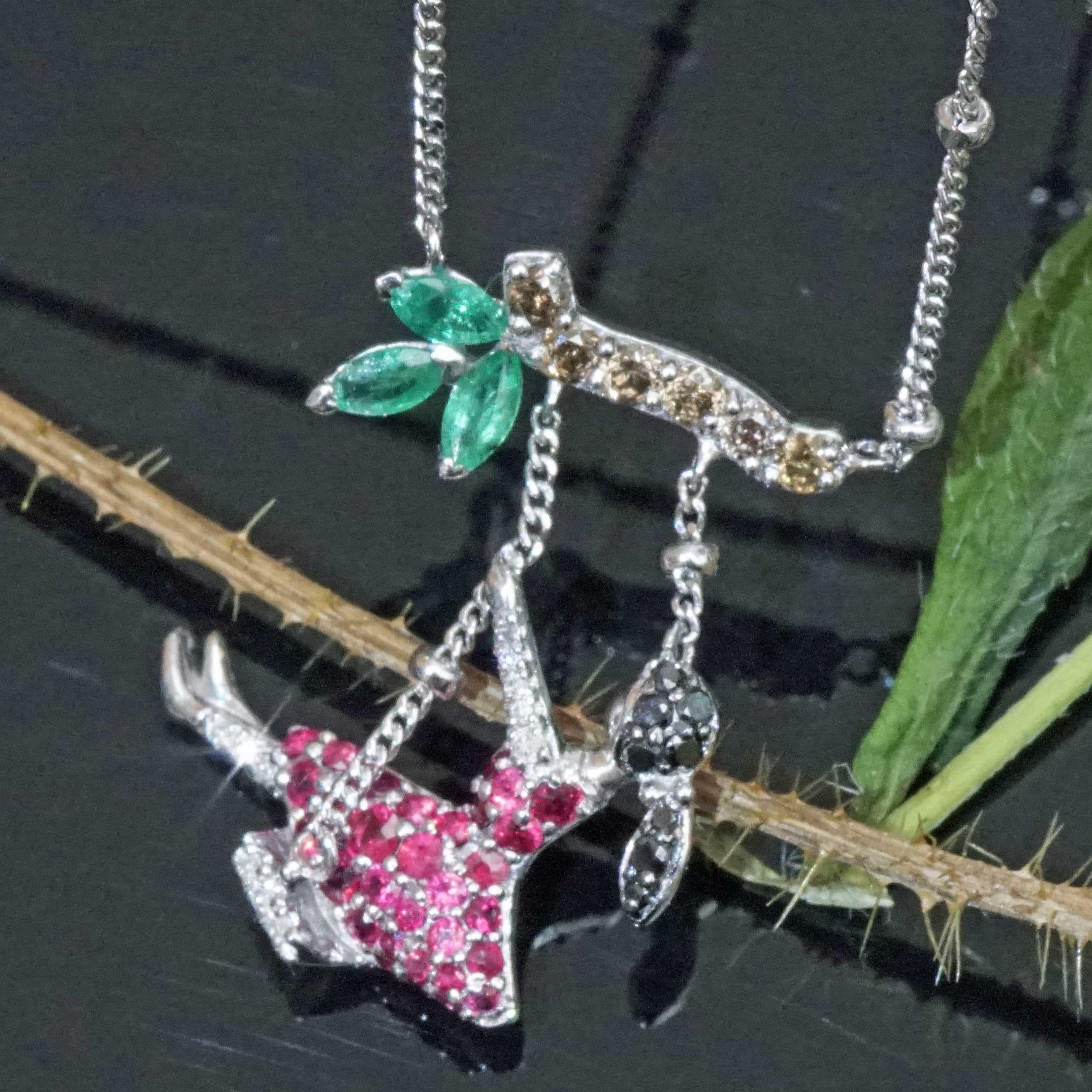 Women's or Men's Ruby Emerald Diamond Necklace cute Motif of a rocking Girl sculptural Design For Sale