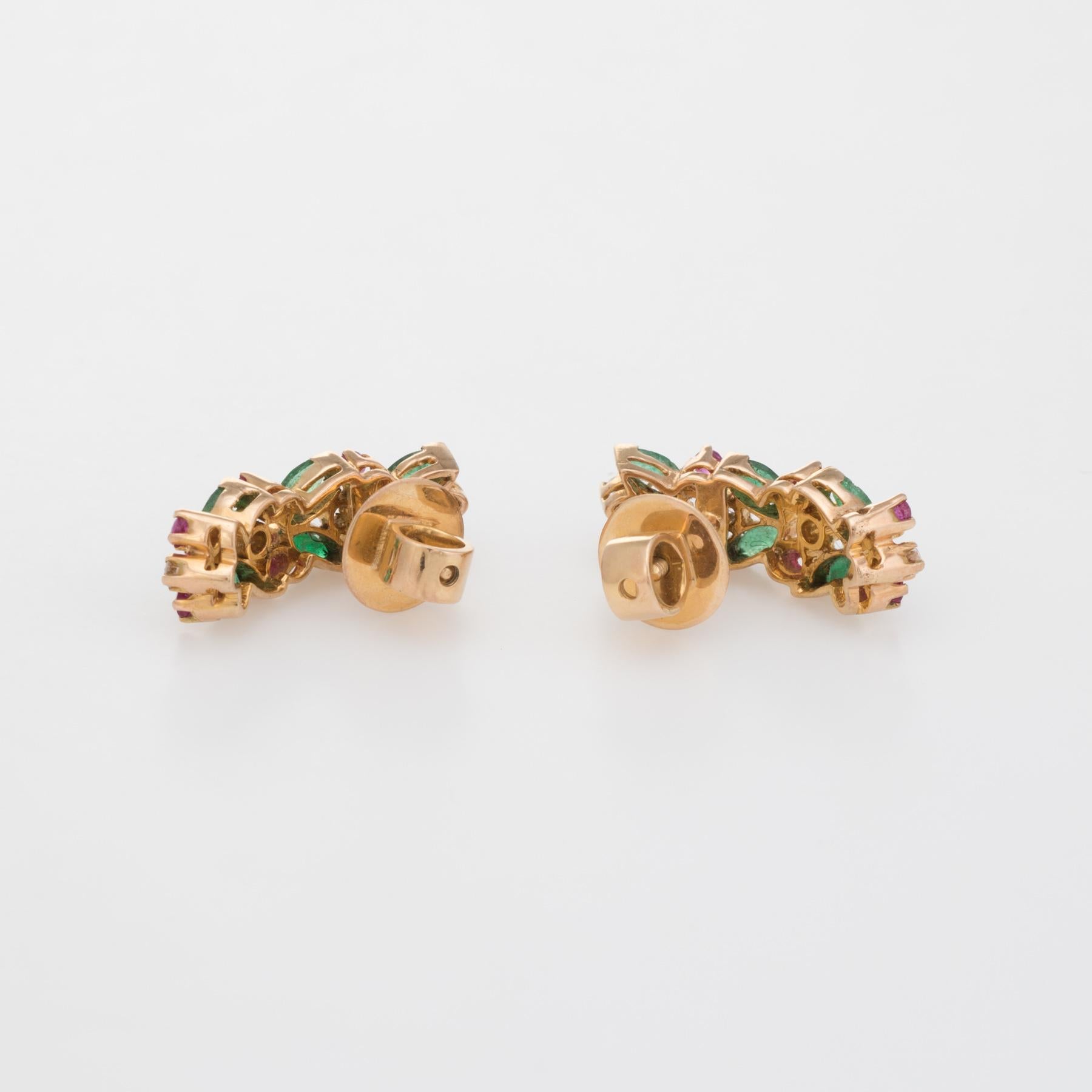 Modern Ruby Emerald Diamond Shrimp Earrings Vintage 14 Karat Yellow Gold Estate Jewelry