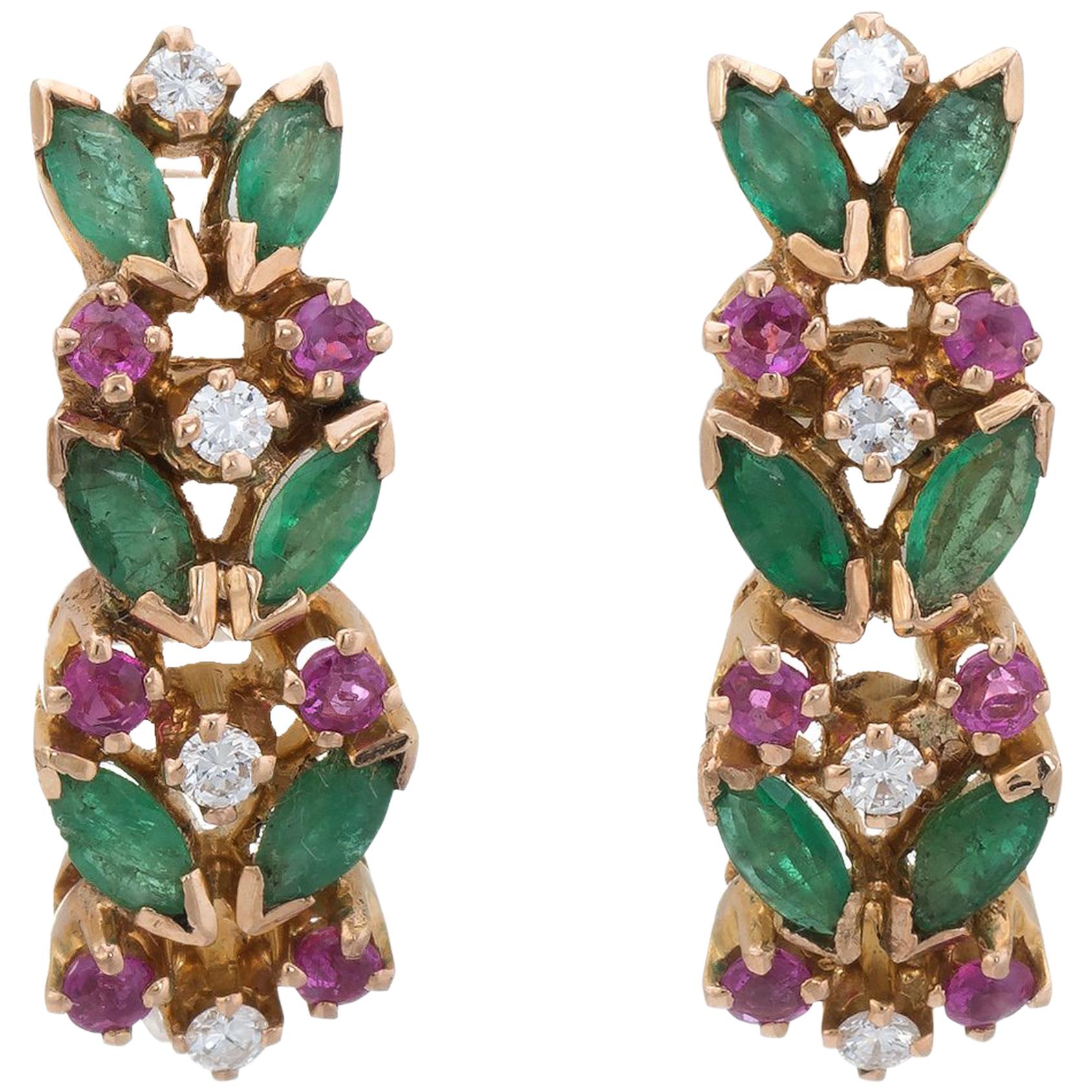 Ruby Emerald Diamond Shrimp Earrings Vintage 14 Karat Yellow Gold Estate Jewelry