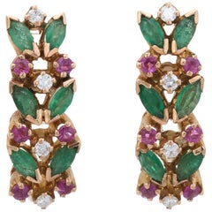 Ruby Emerald Diamond Shrimp Earrings Vintage 14 Karat Yellow Gold Estate Jewelry