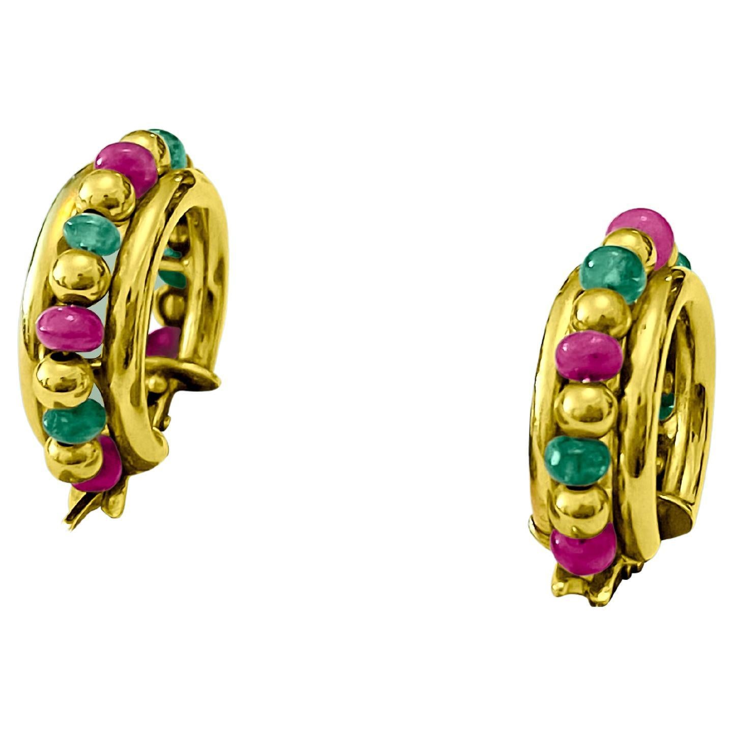 Indian Bead Ruby Emerald 18 Karat Yellow Gold Hoop Earrings For Sale At