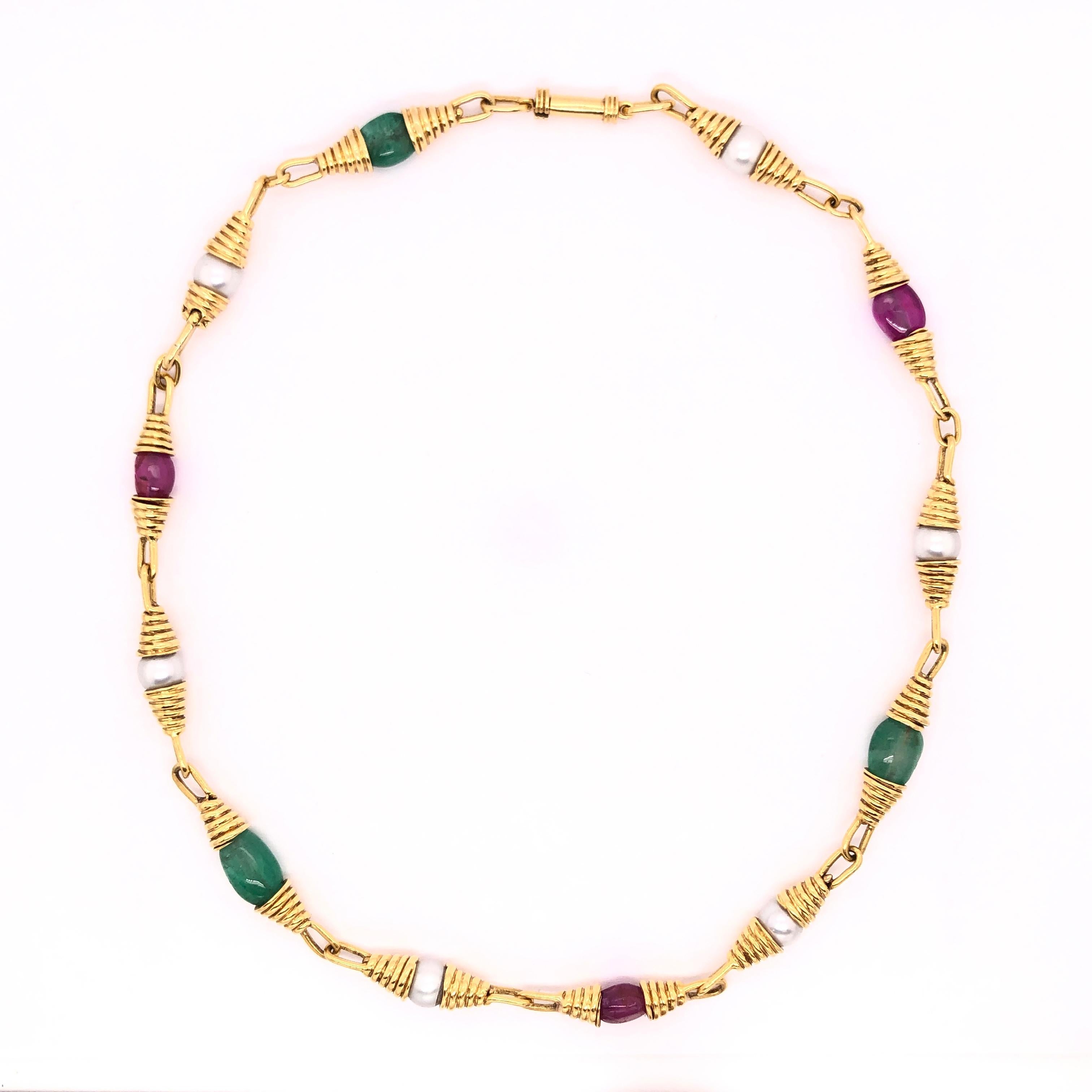 Modern Ruby Emerald Pearl Yellow Gold Necklace