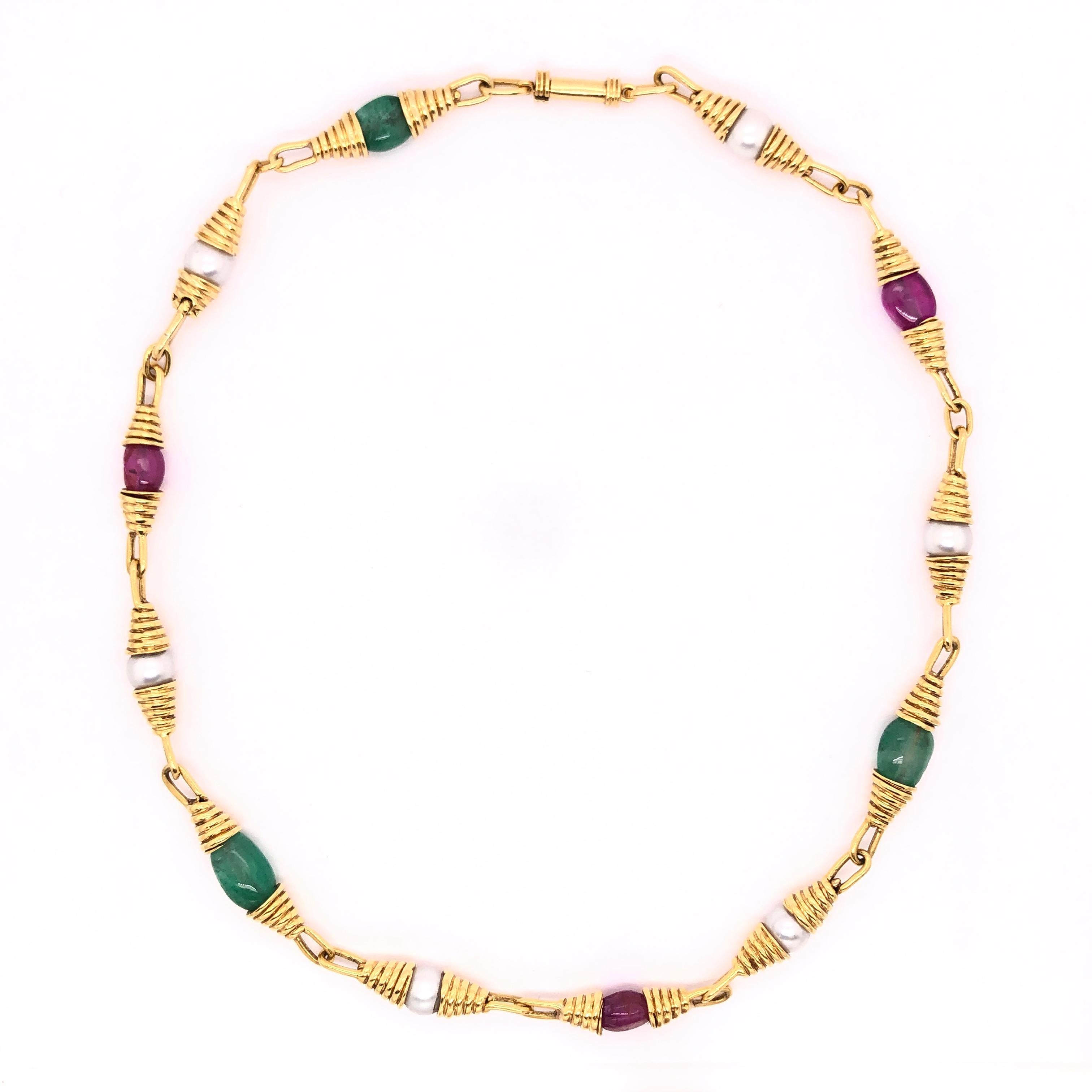 Ruby Emerald Pearl Yellow Gold Necklace In Good Condition In Dallas, TX