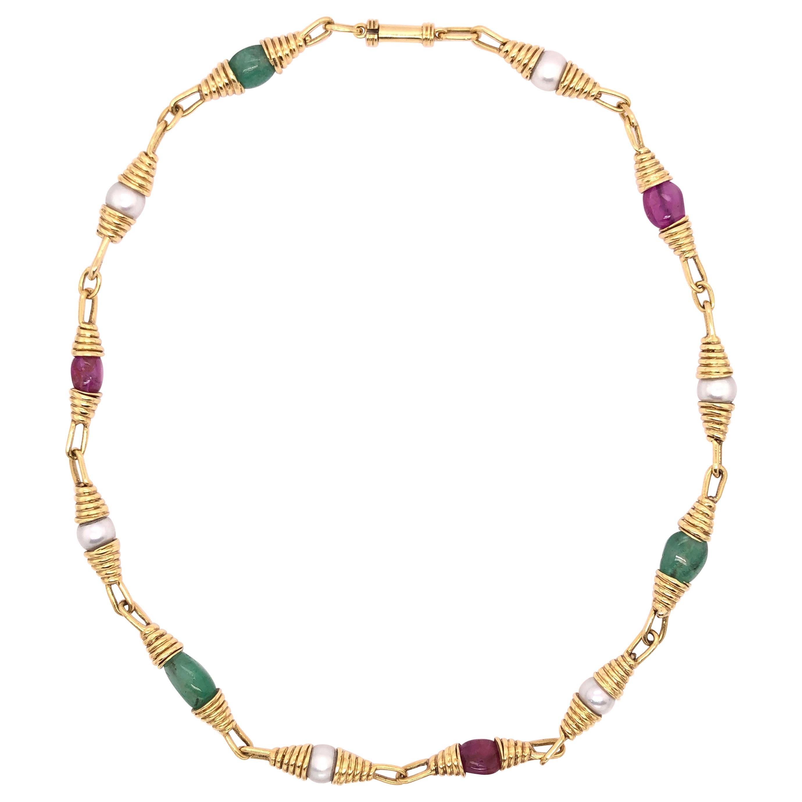 Ruby Emerald Pearl Yellow Gold Necklace