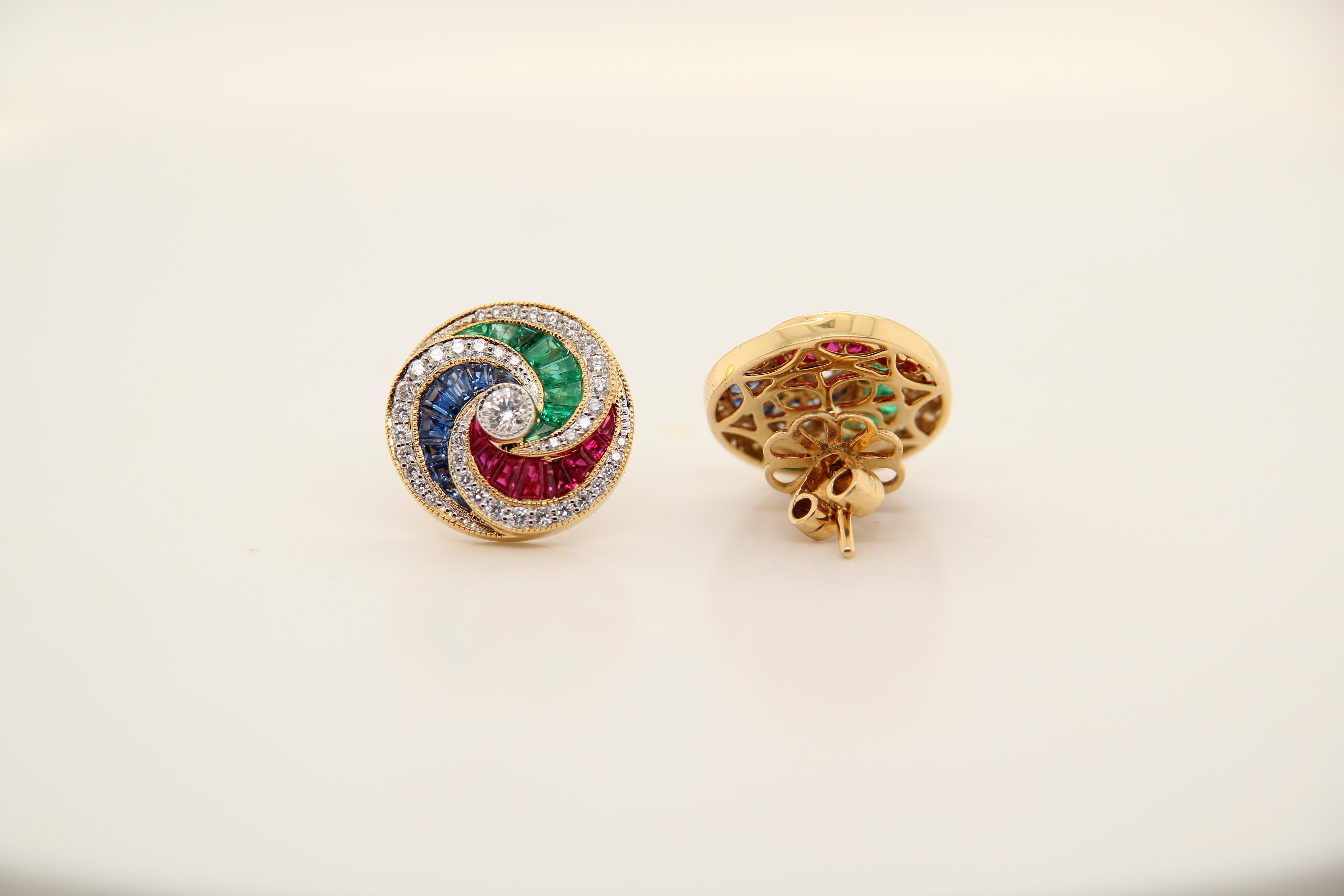 Mixed Cut Ruby, Emerald, Sapphire and Diamond 18 Karat Gold Earring