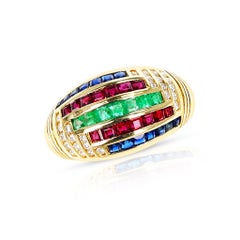 Ruby, Emerald, Sapphire, and Diamond Cocktail Ring, Part of Set