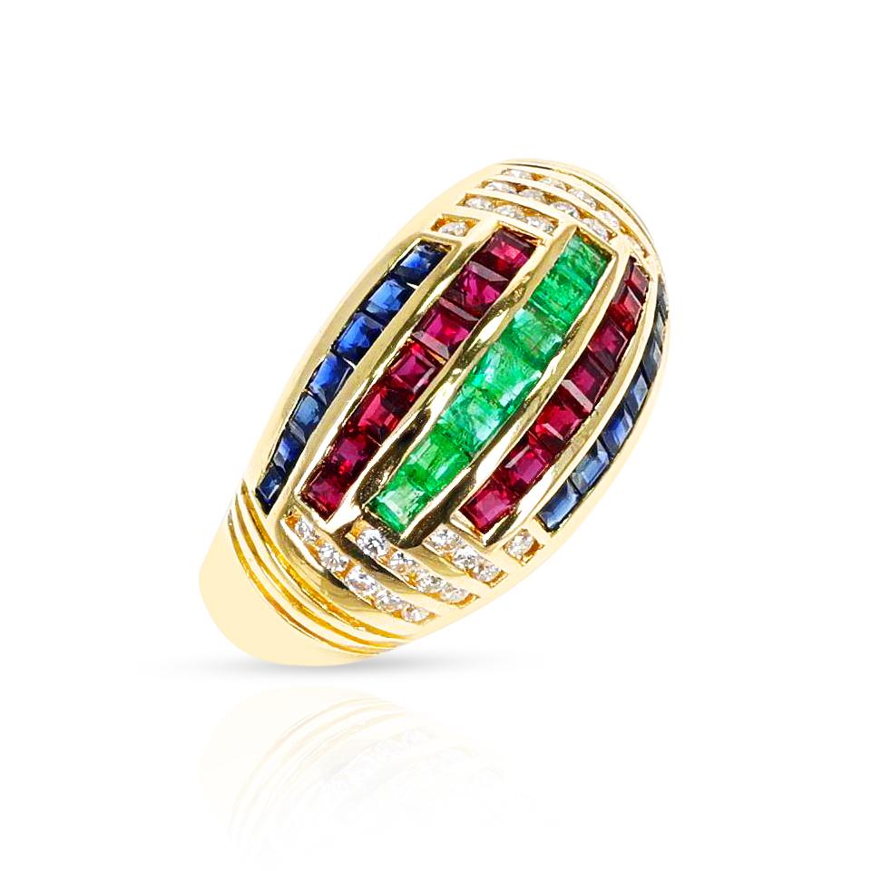 Square Cut Ruby, Emerald, Sapphire, and Diamond Cocktail Ring, Part of Set For Sale