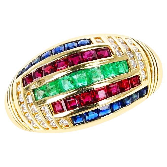 Ruby, Emerald, Sapphire, and Diamond Cocktail Ring, Part of Set For Sale