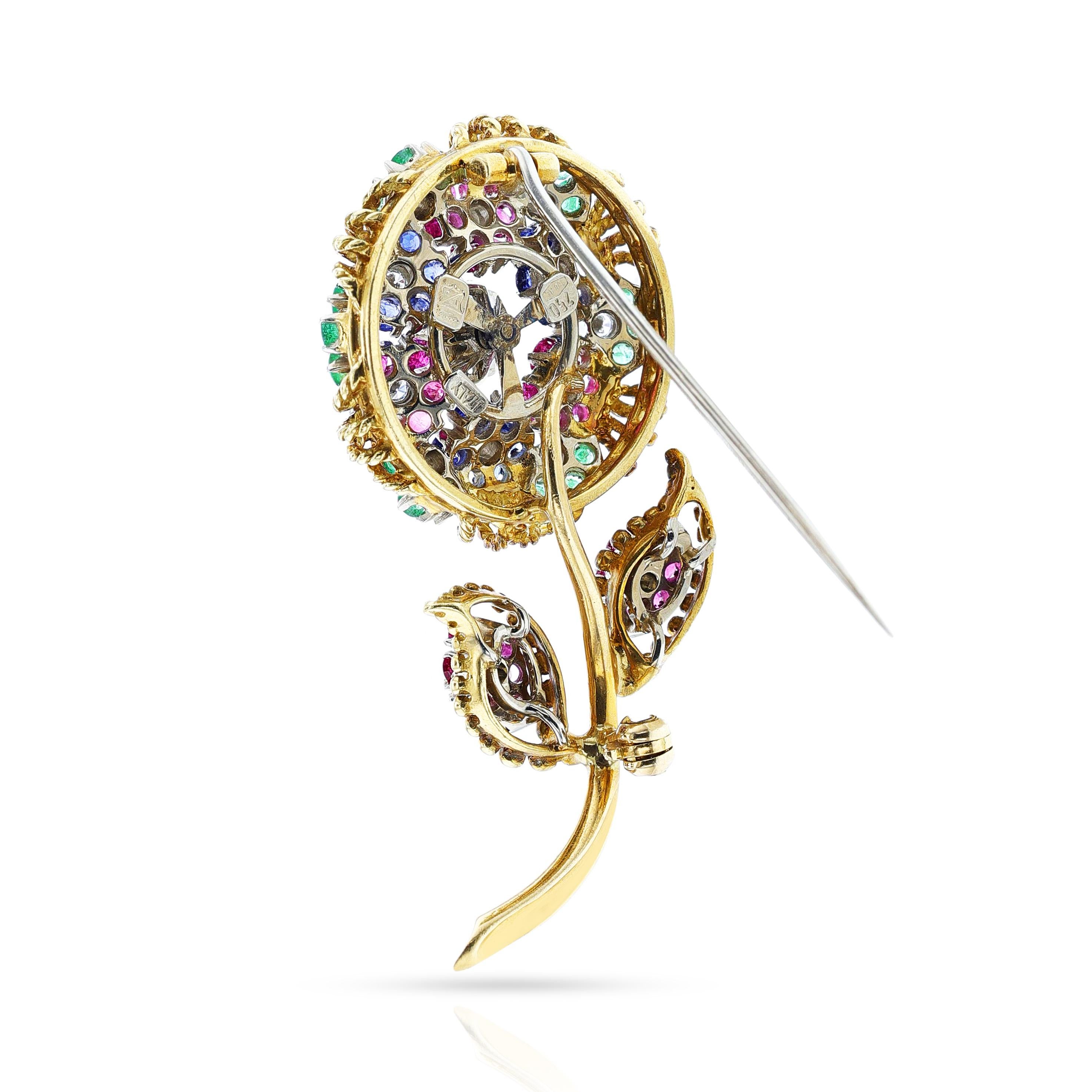 Ruby, Emerald, Sapphire and Diamond Floral Brooch, 18k In Excellent Condition In New York, NY