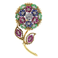 Ruby, Emerald, Sapphire and Diamond Floral Brooch, 18k