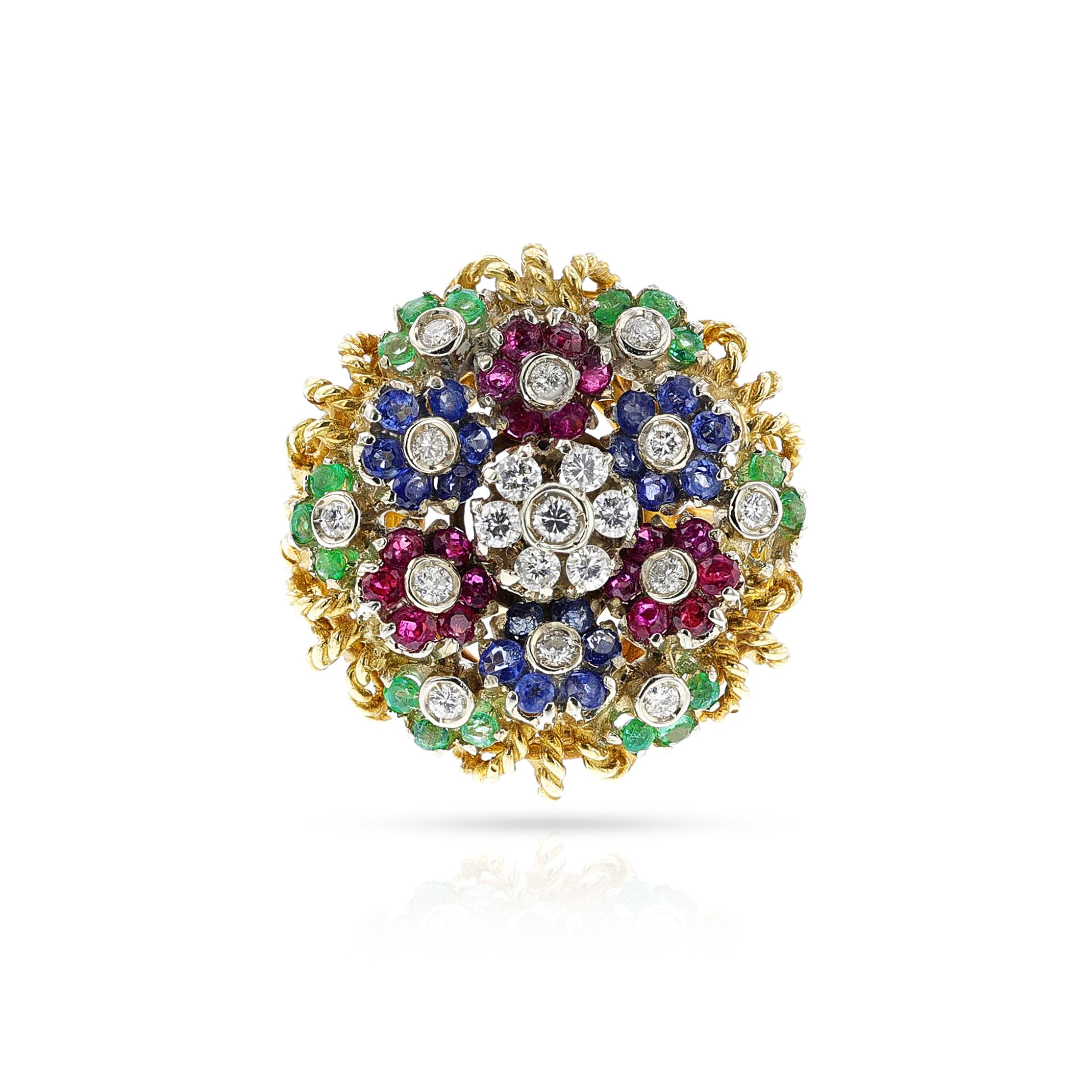 A Ruby, Emerald, Sapphire and Diamond Floral Ring made in 18k Yellow Gold. The ring size is US 7. 
The weights of the stone are approximately: Sapphire: 0.90 cts, Ruby, 0.90 cts. Emerald: 0.72 cts., Diamond 0.57 cts.

1398-ACJATR