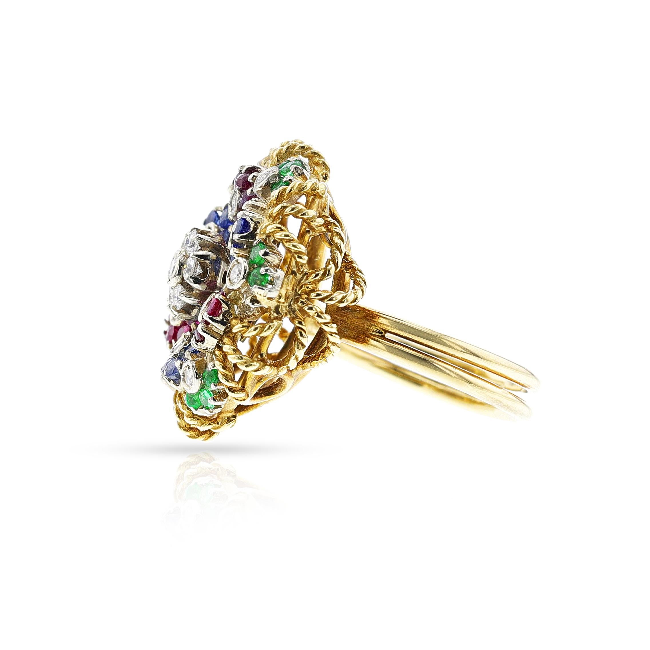 Round Cut Ruby, Emerald, Sapphire and Diamond Floral Ring, 18k For Sale