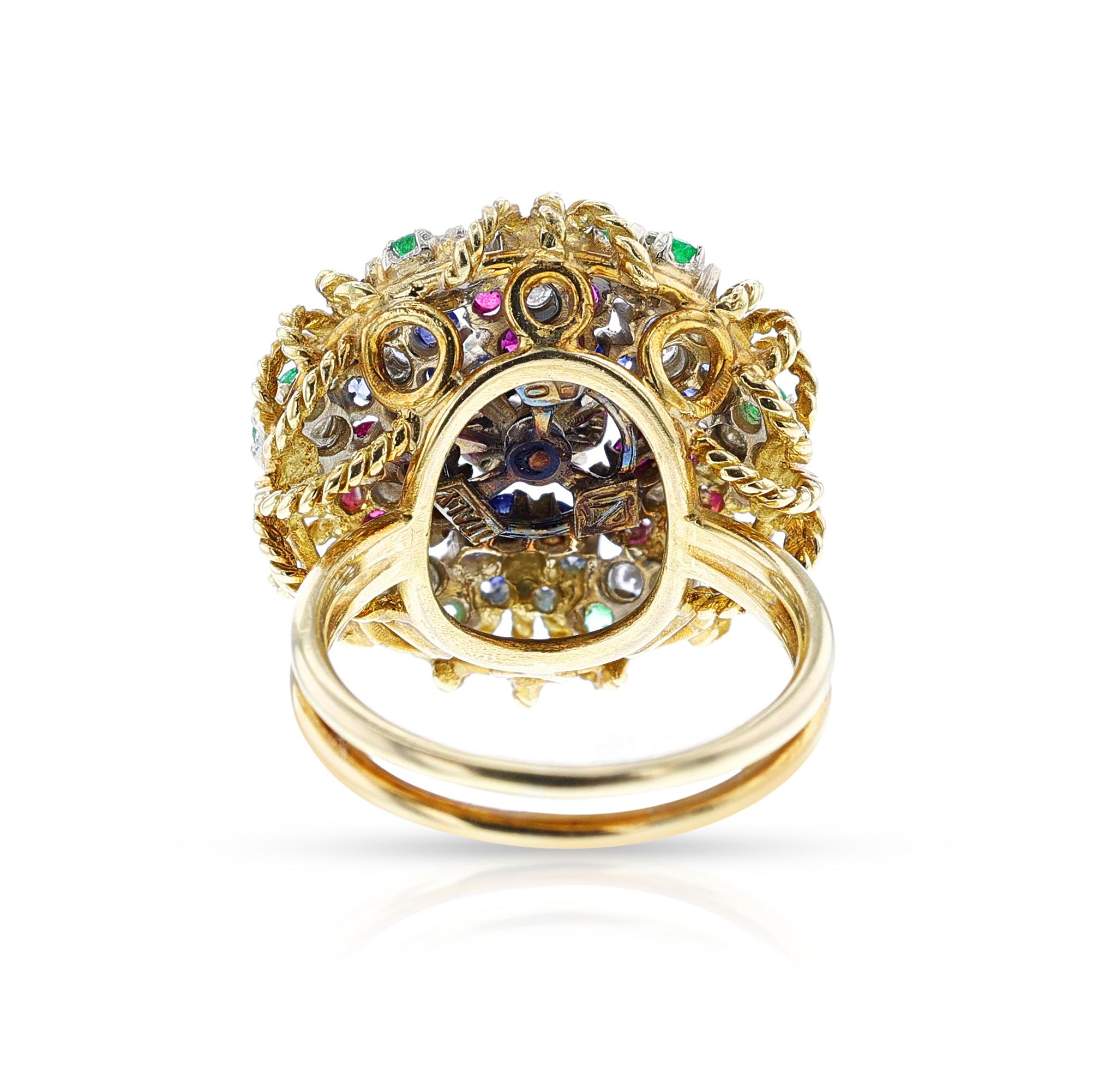 Ruby, Emerald, Sapphire and Diamond Floral Ring, 18k In Excellent Condition For Sale In New York, NY