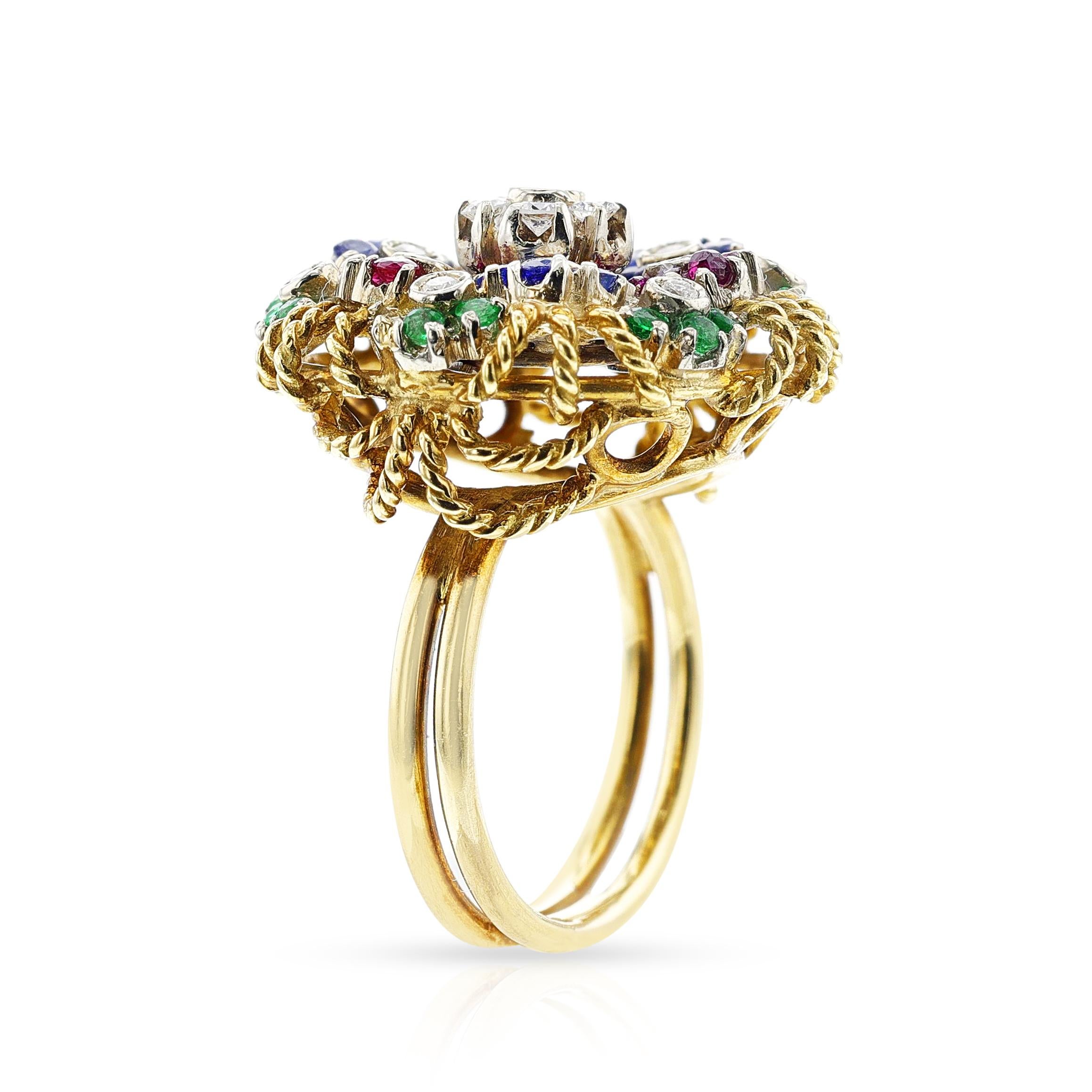 Women's or Men's Ruby, Emerald, Sapphire and Diamond Floral Ring, 18k For Sale