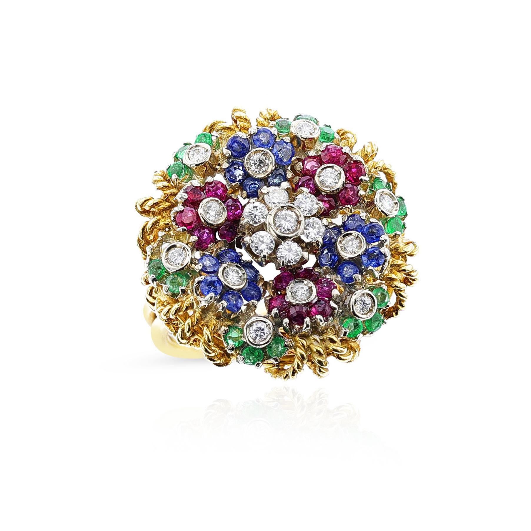 Ruby, Emerald, Sapphire and Diamond Floral Ring, 18k For Sale 1