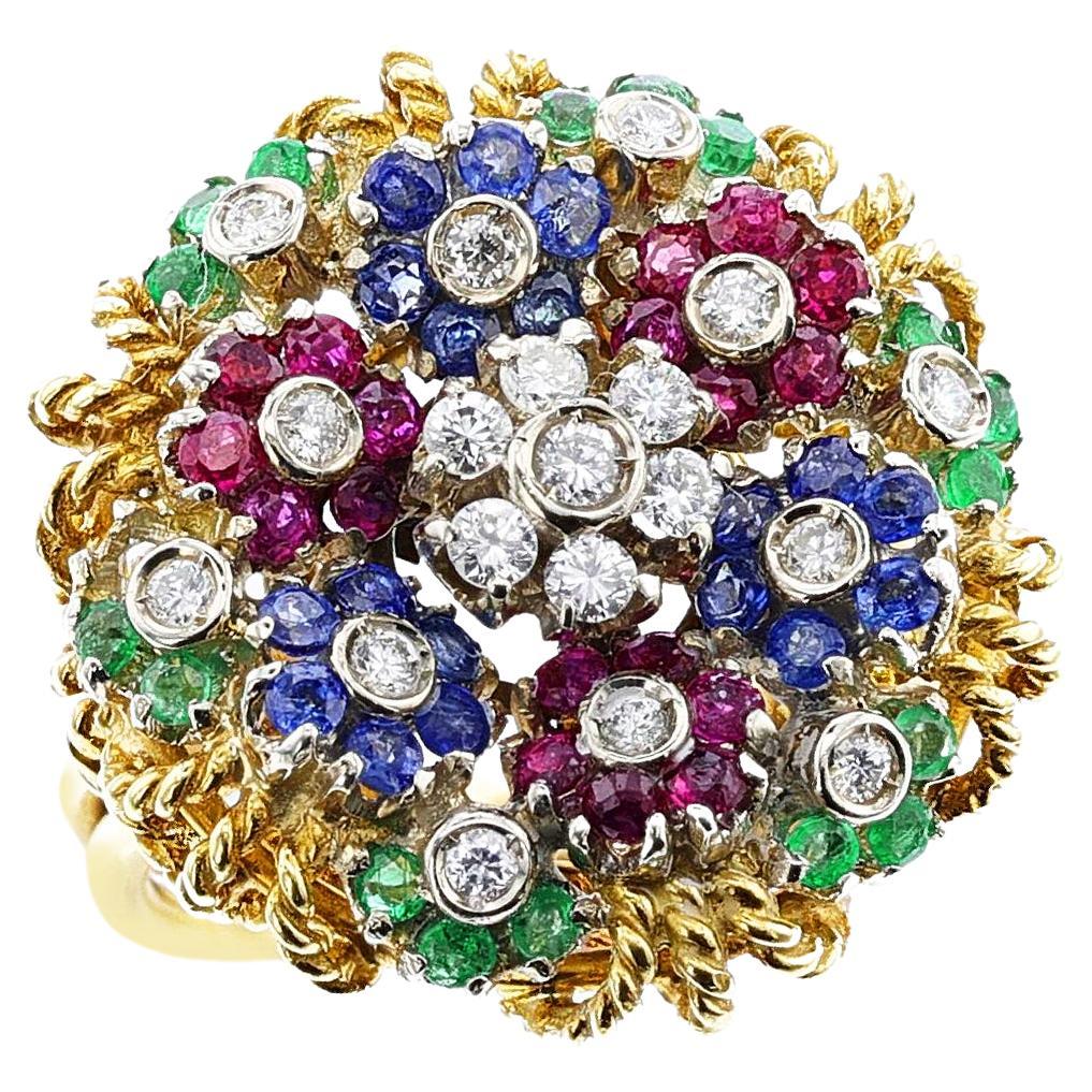 Ruby, Emerald, Sapphire and Diamond Floral Ring, 18k For Sale