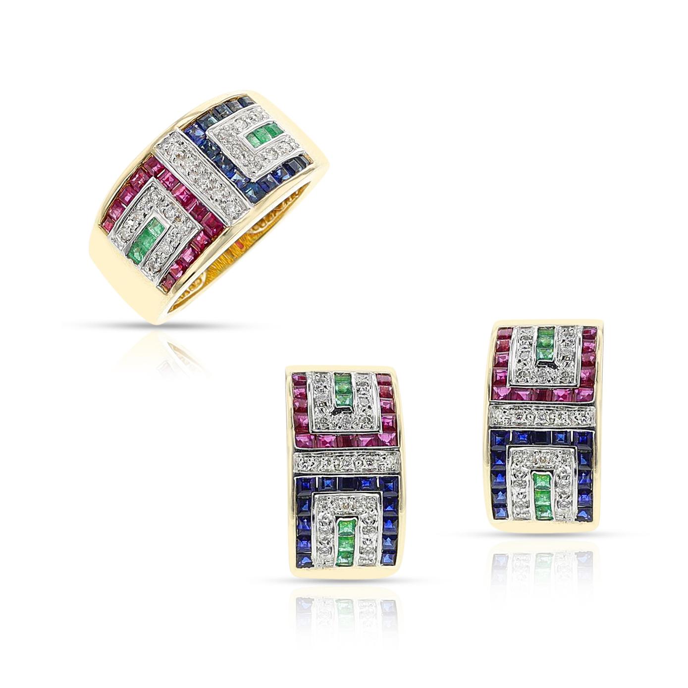 Une paire de boucles d'oreilles en rubis, émeraude, saphir et diamant en 14k. Bague assortie disponible. 
Les trois pierres de couleur sont de forme carrée et les diamants ronds pèsent environ 0,20 carats au total. Les dimensions sont de 0,75 x 0,40