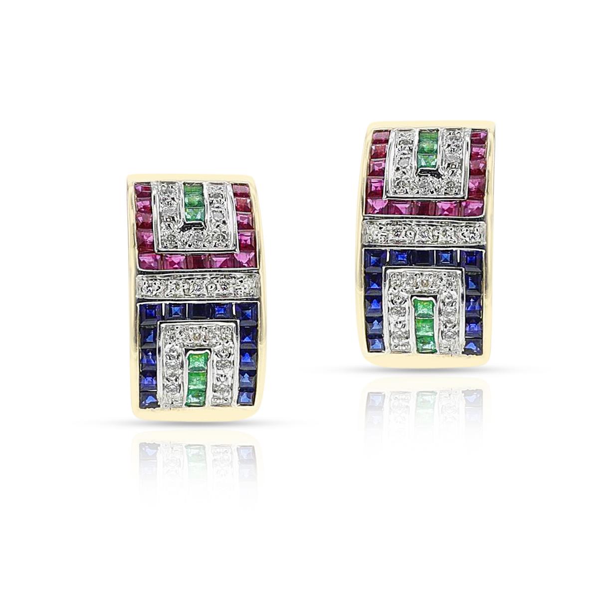 Taille mixte Boucles d'oreilles en rubis, émeraude, saphir et diamant, 14k, faisant partie d'un ensemble en vente