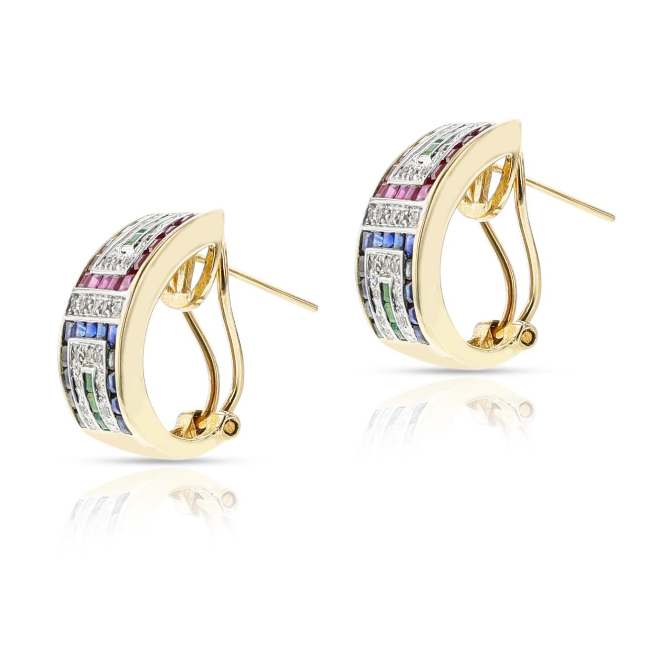 Boucles d'oreilles en rubis, émeraude, saphir et diamant, 14k, faisant partie d'un ensemble Excellent état - En vente à New York, NY