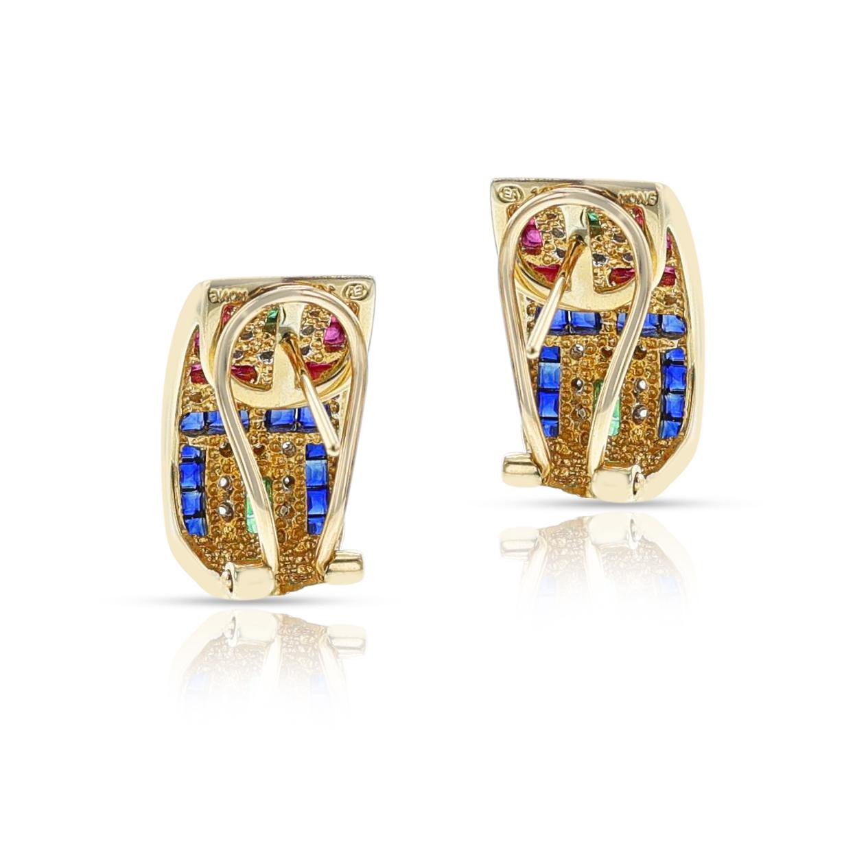 Boucles d'oreilles en rubis, émeraude, saphir et diamant, 14k, faisant partie d'un ensemble Unisexe en vente