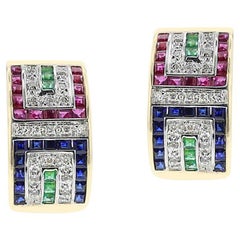 Ruby, Emerald, Sapphire and Diamond Half Hoop Earrings, 14k, Part of Set