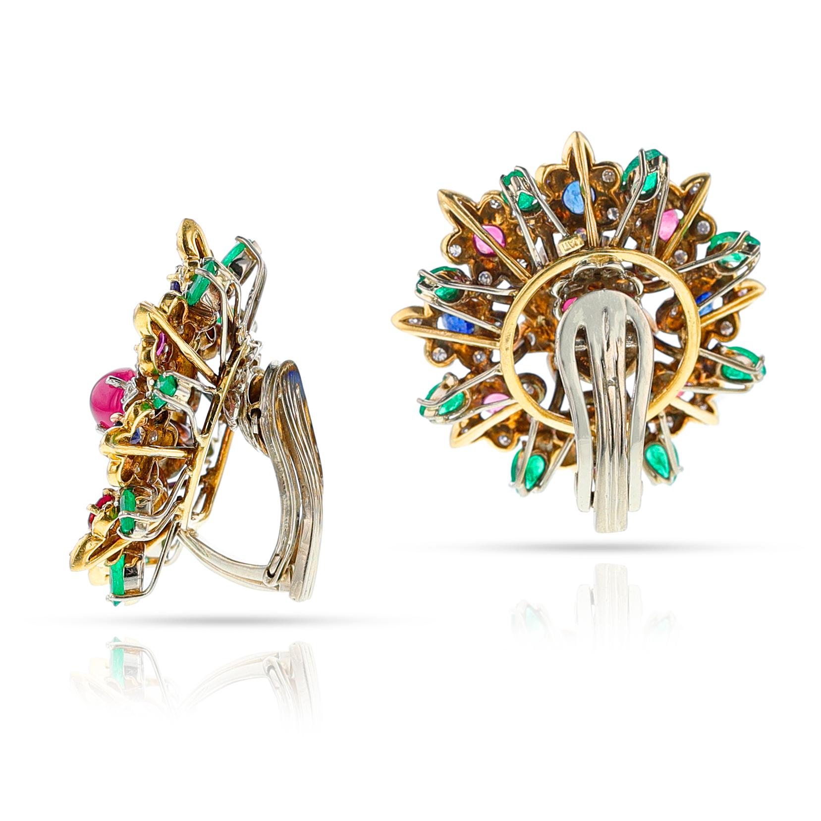 Mixed Cut Ruby, Emerald, Sapphire and Diamond Large Flower Earrings, 18k