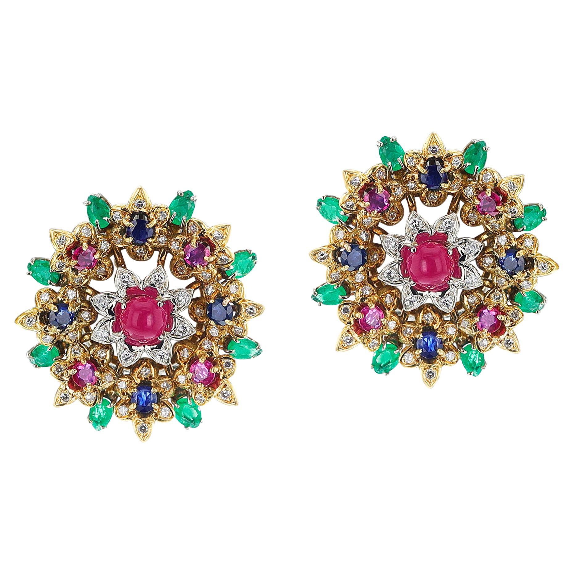 Ruby, Emerald, Sapphire and Diamond Large Flower Earrings, 18k