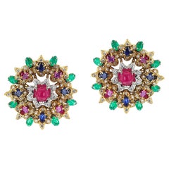 Pendientes Flor Grande de Rubí, Esmeralda, Zafiro y Diamante, 18k