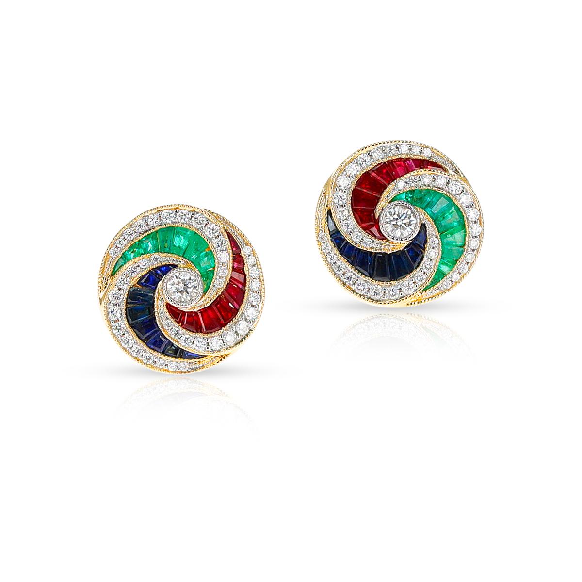 Round Cut Ruby, Emerald, Sapphire and Diamond Pinwheel Earrings, 18k For Sale