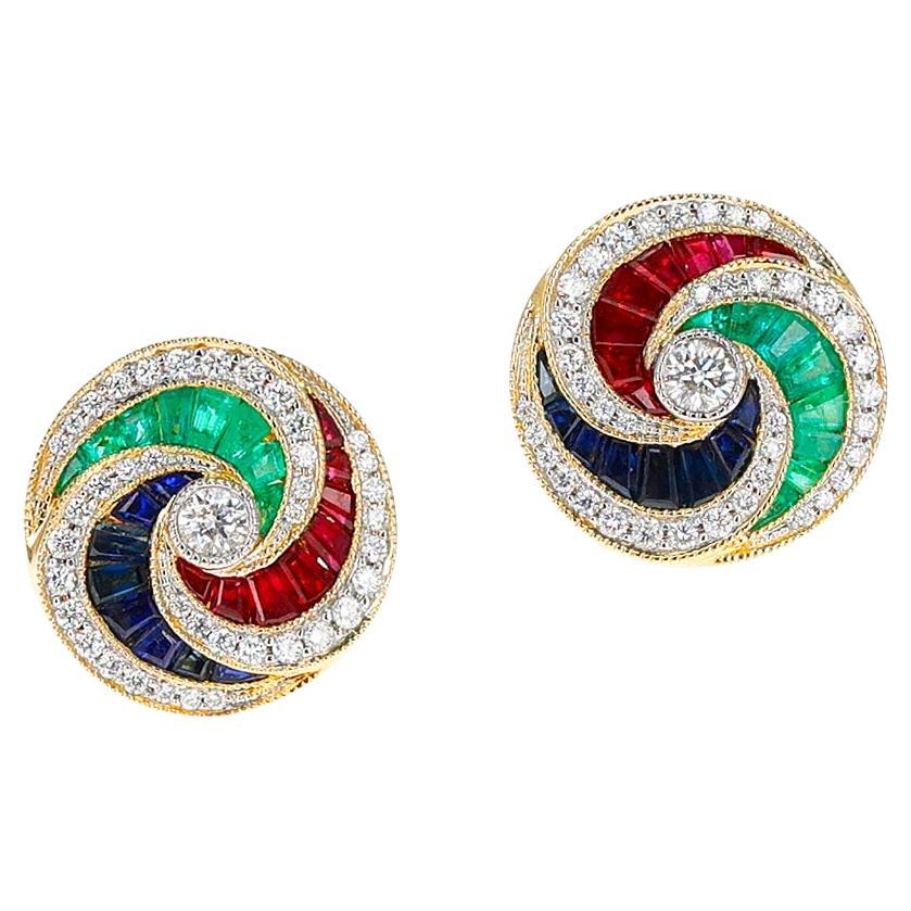 Ruby, Emerald, Sapphire and Diamond Pinwheel Earrings, 18k For Sale