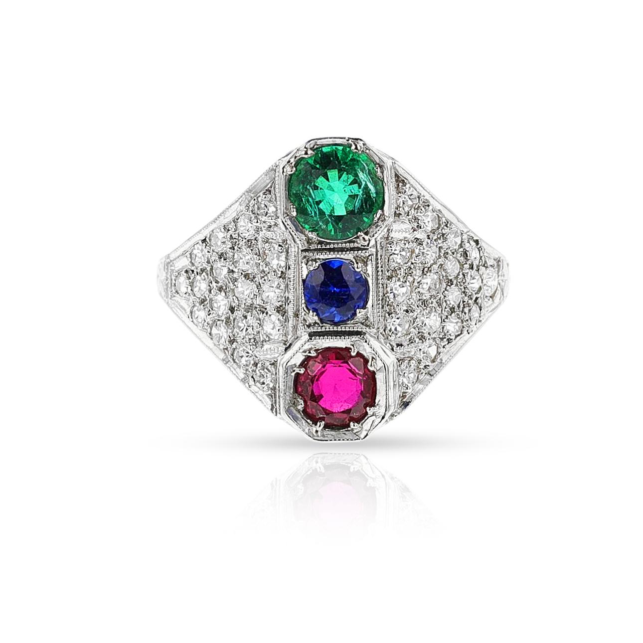 Ring mit Rubin, Smaragd, Saphir und Diamant, 18 Karat für Damen oder Herren im Angebot