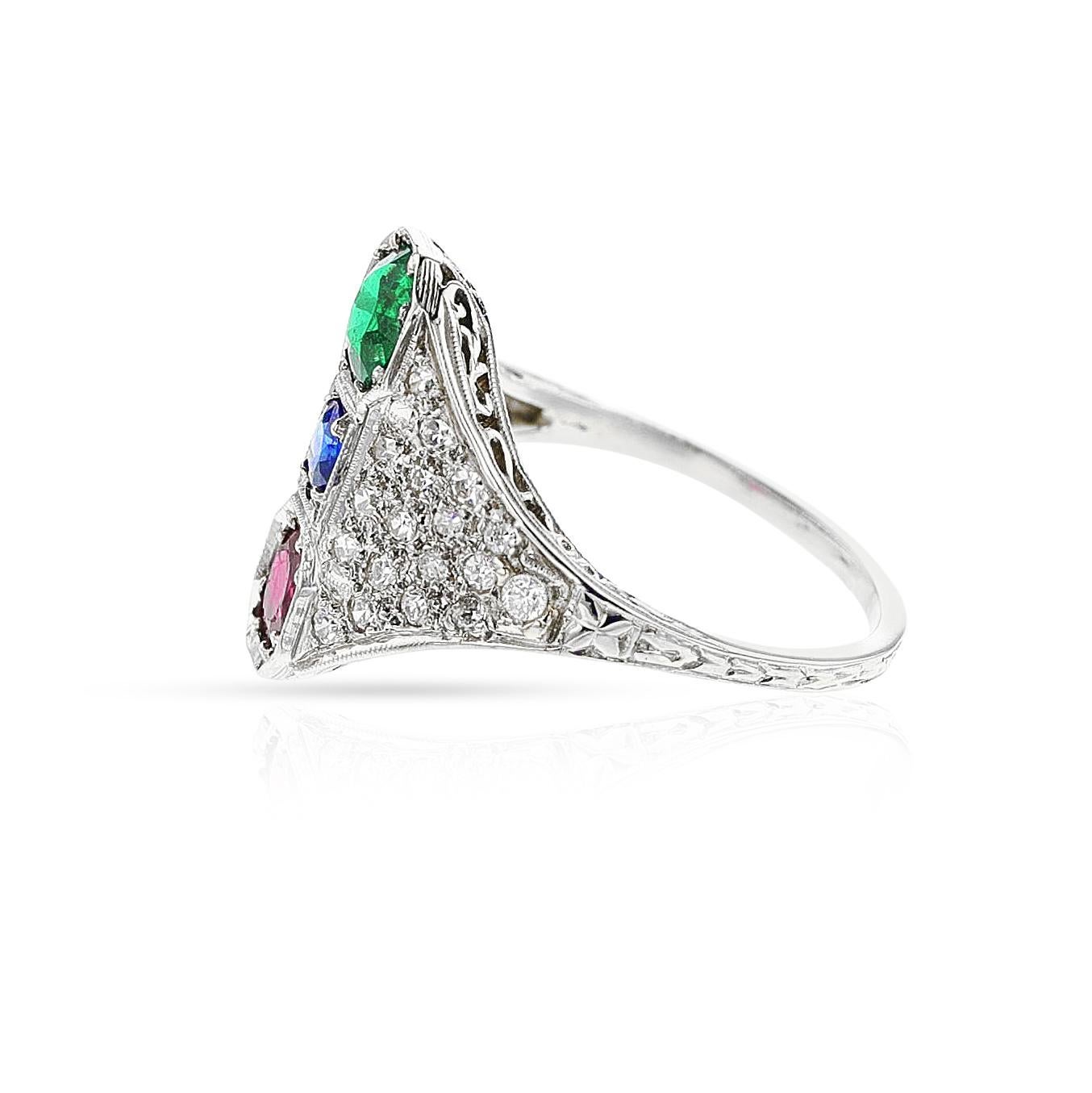 Ring mit Rubin, Smaragd, Saphir und Diamant, 18 Karat im Angebot 1